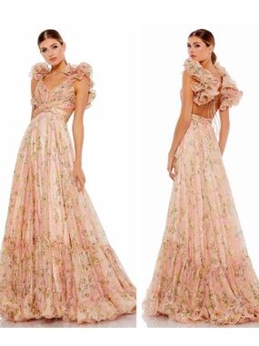 MAC DUGGAL Pink Ruffle Tiered Floral Cut-Out Chiffon Gown pink Multi
